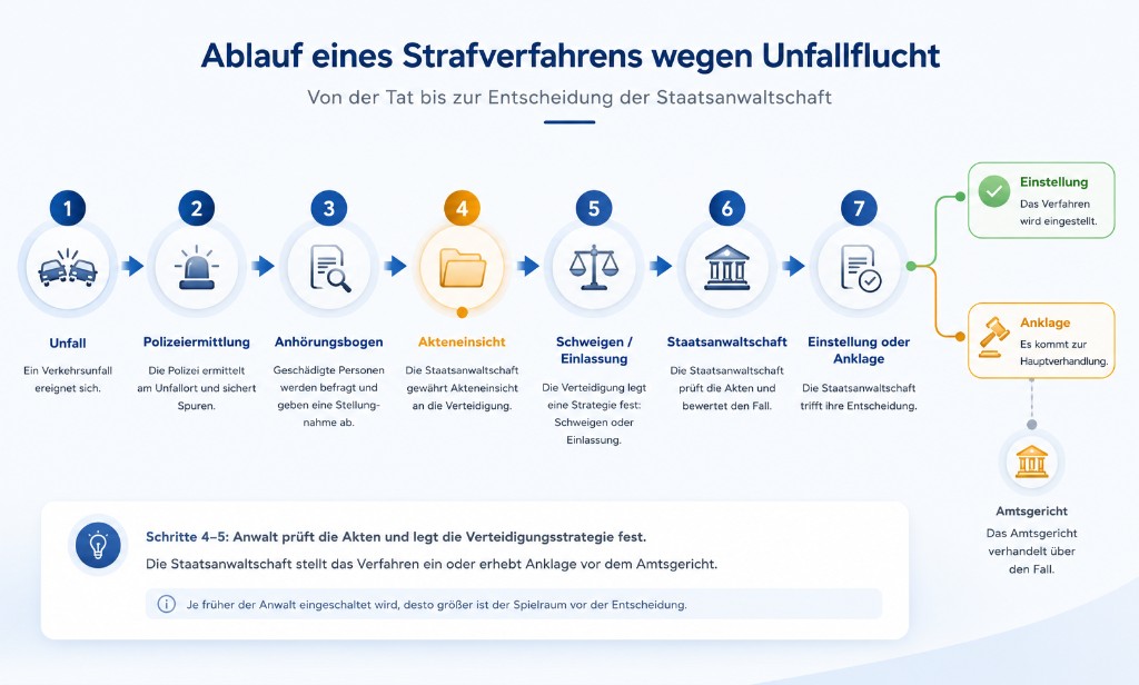 Ablauf eines Strafverfahrens wegen Unfallflucht – von der Tat bis zur Entscheidung der Staatsanwaltschaft